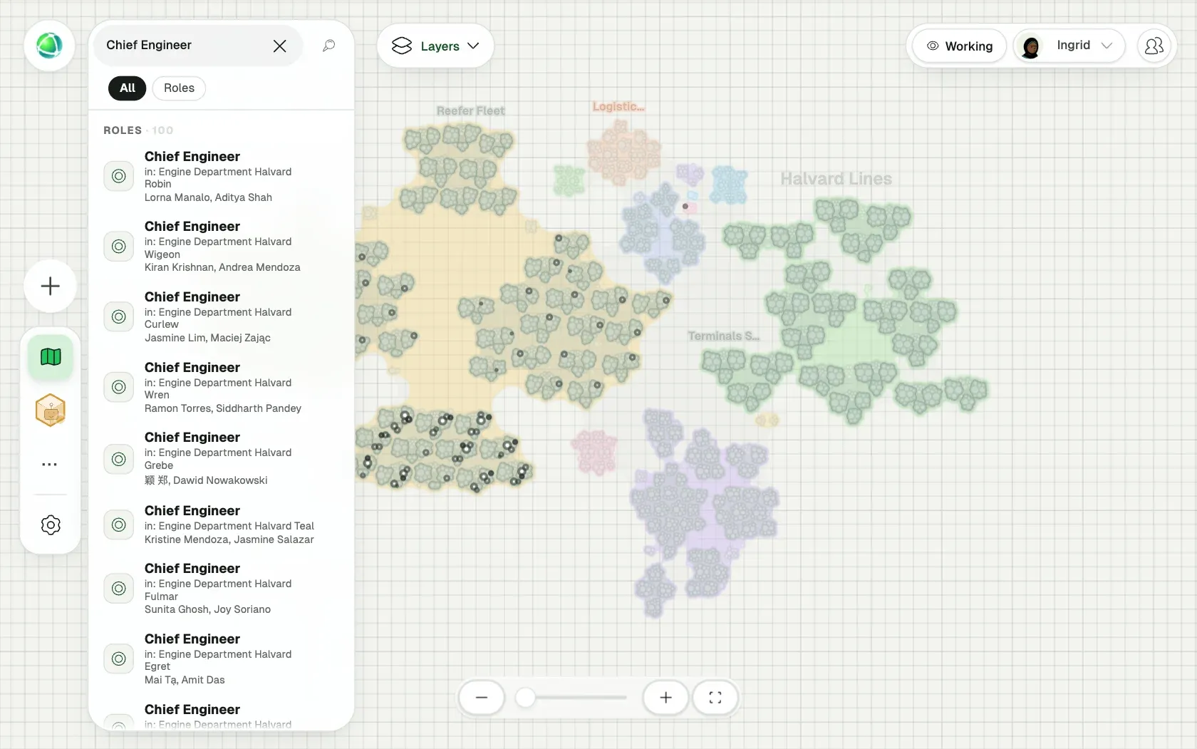 Peerdom showing Halvard Lines, a fictional organization of 5,000 people, as Clusters: its teams, the roles in each team and who holds them.